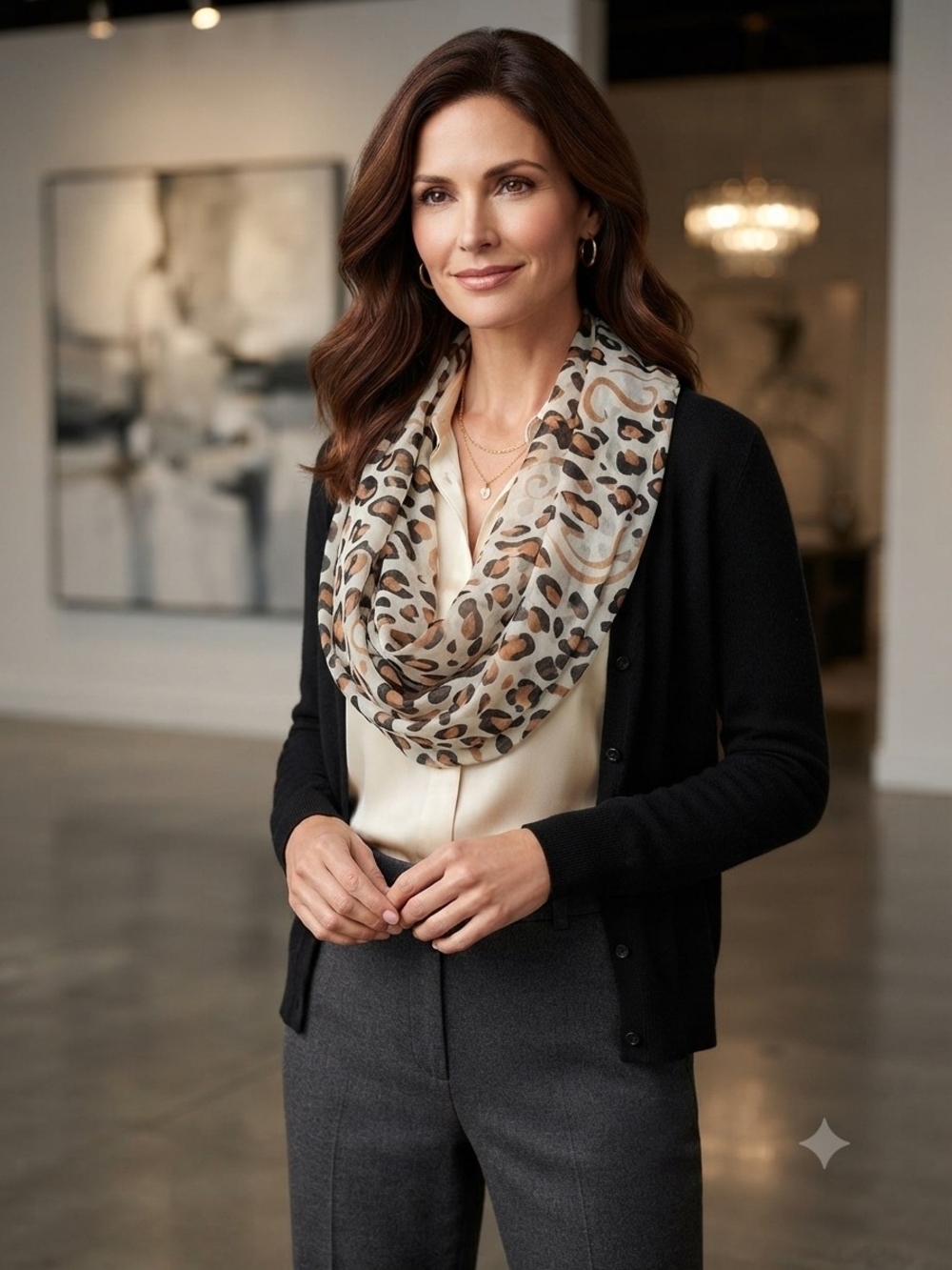 100% Chiffon Leopard Print Infinity Scarf in Beige and Brown